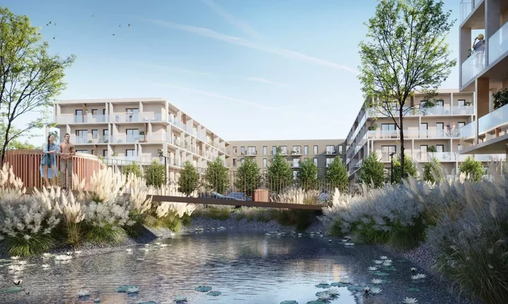 Zdjęcie przedstawia wizualizację nowoczesnego osiedla mieszkaniowego