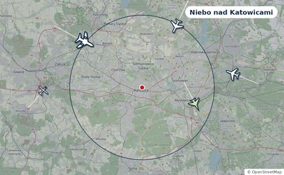 Mapa okolic miasta z sylwetkami samolotów — Niebo nad Katowicami na żywo