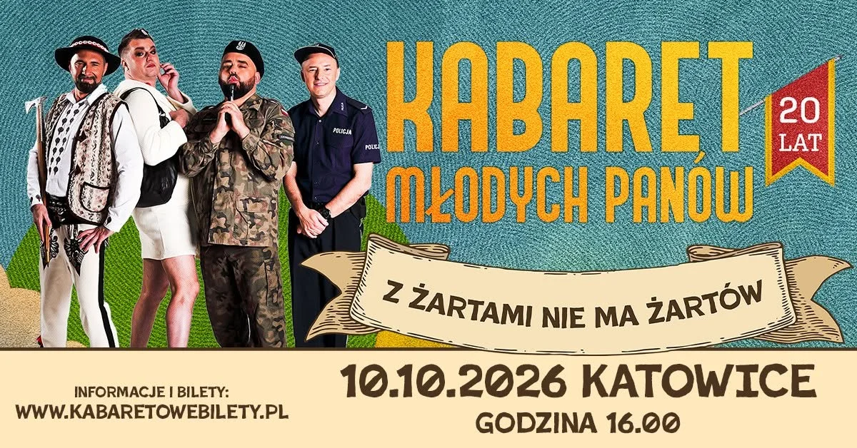 Grafika promocyjna wydarzenia Kabaret Młodych Panów – jubileusz w Katowicach