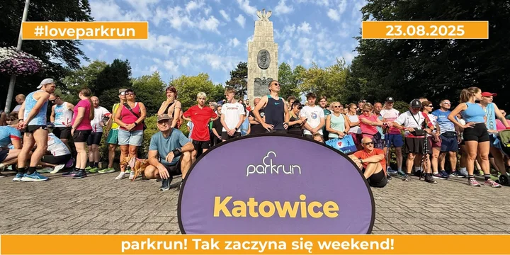 Obrazek przedstawia grafikę promocyjną wydarzenia Poranny bieg 5 km w Katowicach — cotygodniowy parkrun