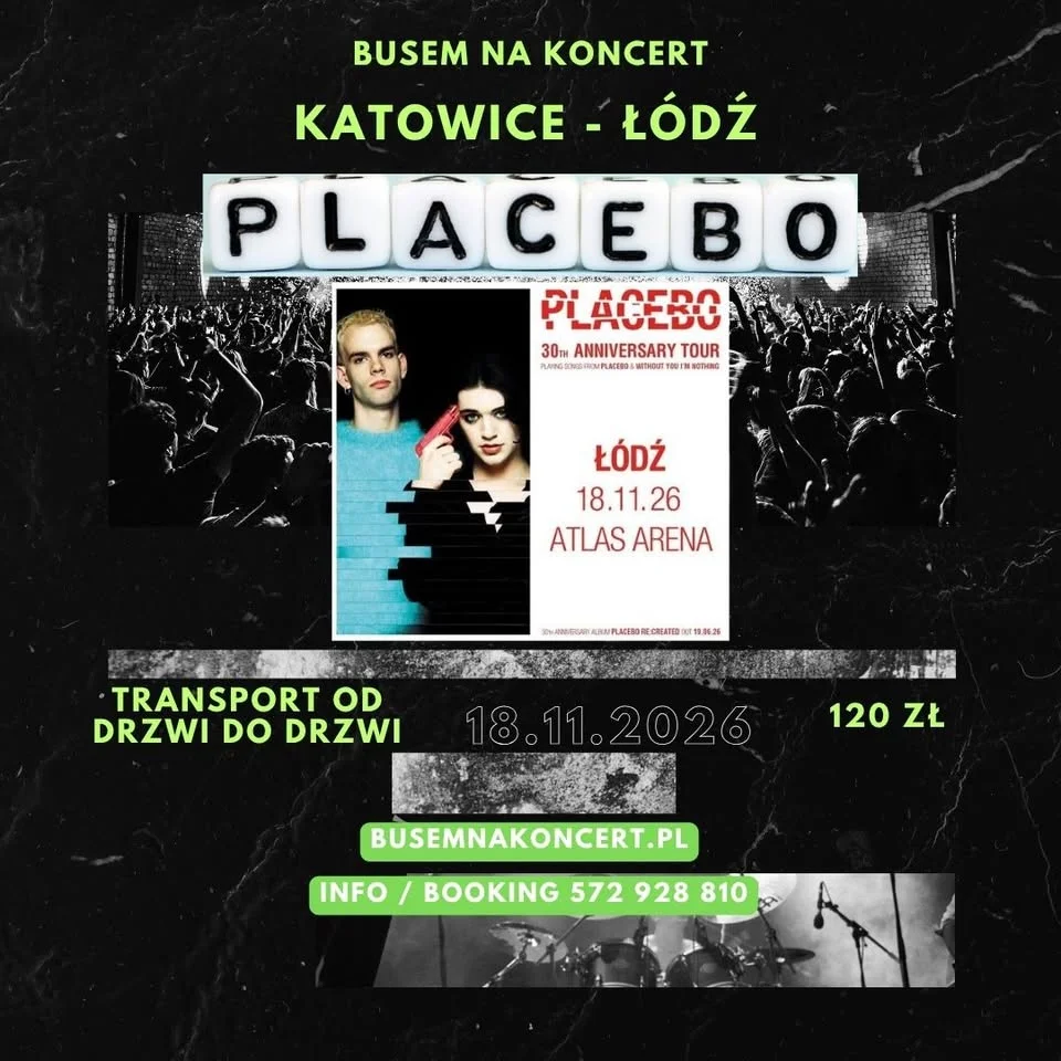Grafika promocyjna wydarzenia Busem na koncert Placebo – Katowice–Łódź 18.11: przejazd na koncert