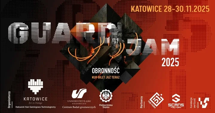 Grafika promocyjna wydarzenia GuardJam Katowice 2025 — 48‑godzinny game jam o temacie „OBRONNOŚĆ”