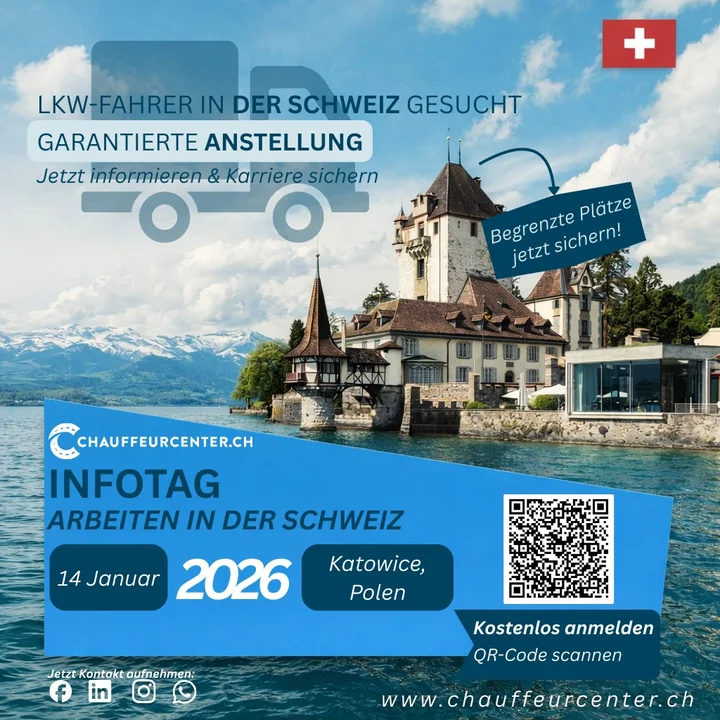 Grafika promocyjna wydarzenia Info Day Katowice — dla zawodowych kierowców zainteresowanych pracą w Szwajcarii