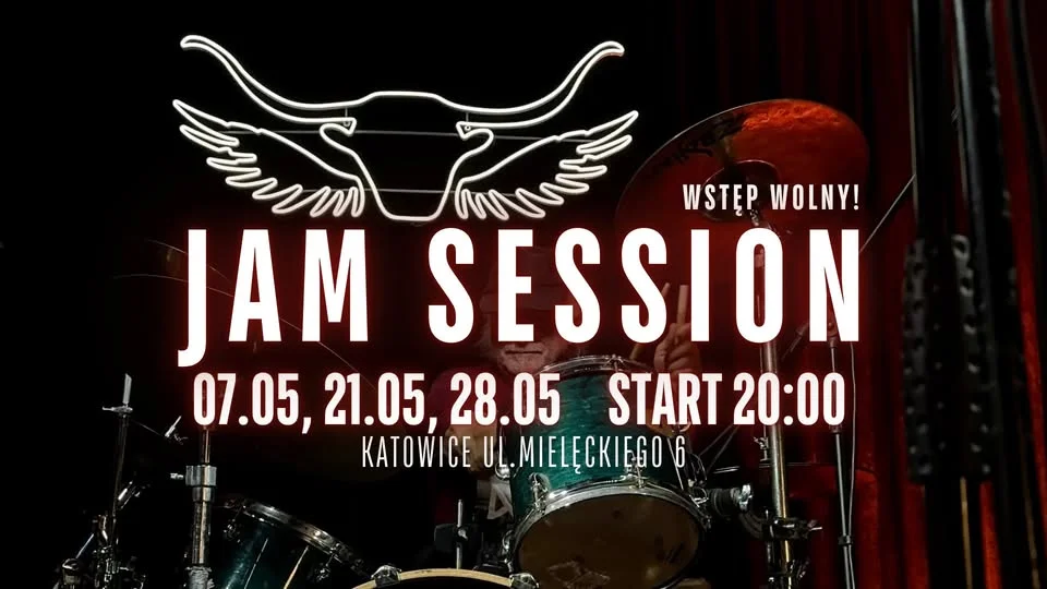 Grafika promocyjna wydarzenia Jam Session KATOWICE w Byku: wieczór z muzyką na żywo i otwartą sceną