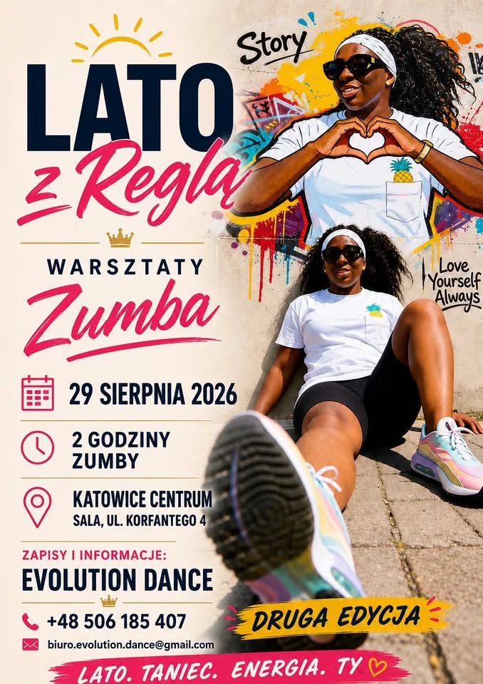 Grafika promocyjna wydarzenia Lato z Reglą – Maraton ZUMBA w Katowicach