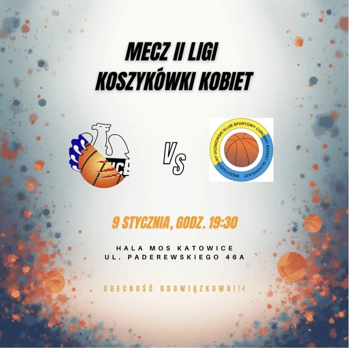 Grafika promocyjna wydarzenia MKS MOS AZS UŚ Katowice — MUKS CHROBRY BASKET Głuchołazy: mecz lidera z wiceliderem