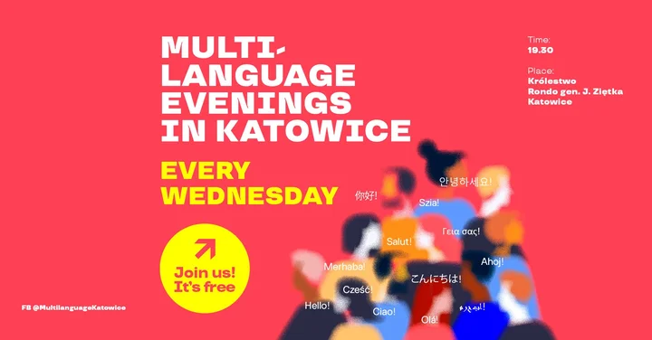 Grafika promocyjna wydarzenia Multilanguage Evenings w Katowicach — spotkania językowe w Królestwie
