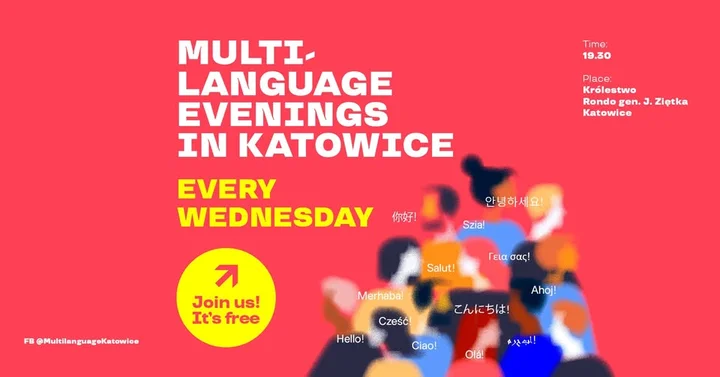 Grafika promocyjna wydarzenia Multilanguage Evenings w Katowicach — spotkania językowe w ponad 20 językach