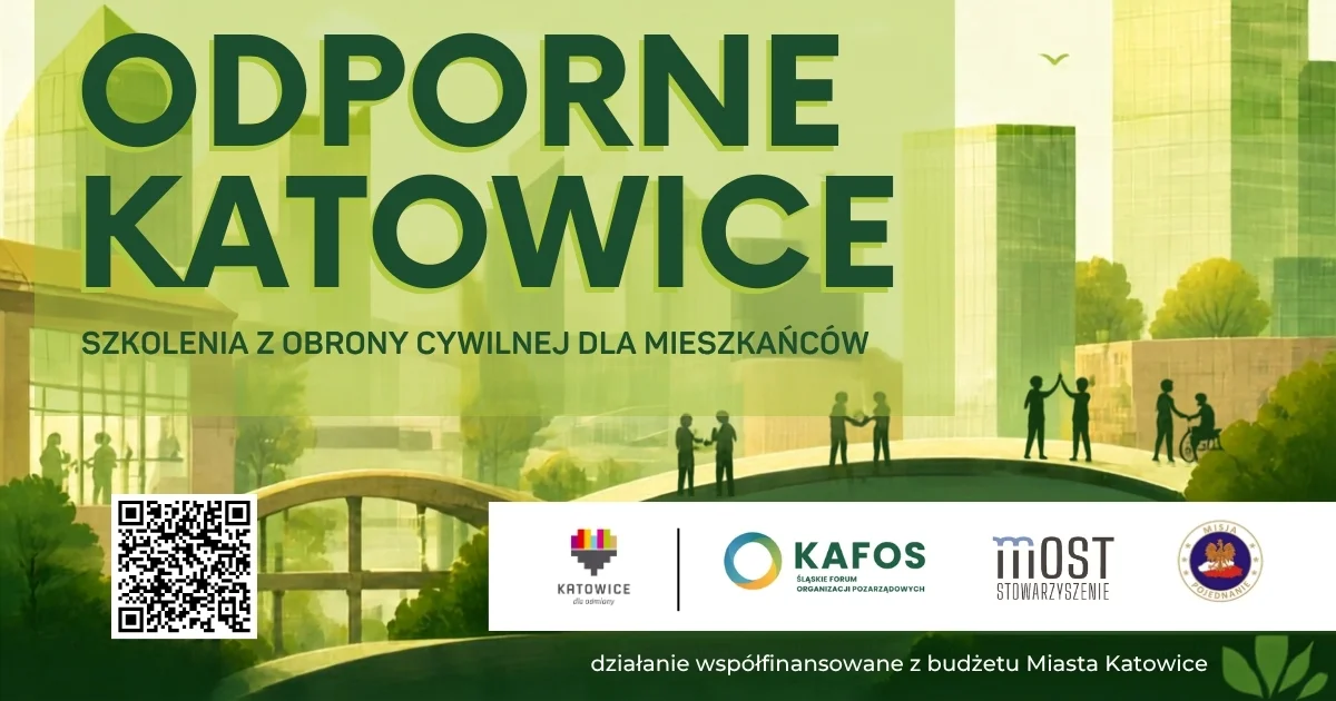 Grafika promocyjna wydarzenia ODPORNE KATOWICE – szkolenia z obrony cywilnej dla mieszkańców