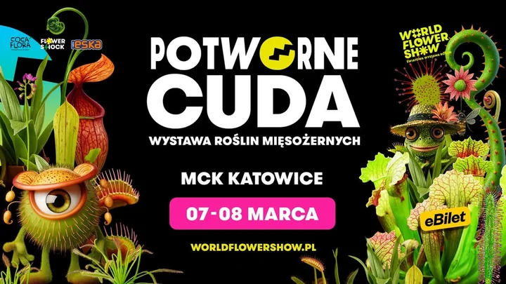 Grafika promocyjna wydarzenia Potworne Cuda — wystawa roślin mięsożernych w MCK Katowice