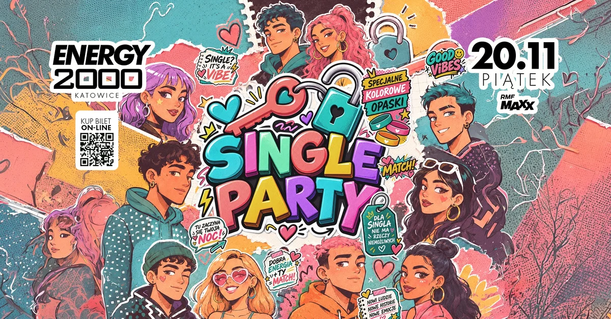 Grafika promocyjna wydarzenia SINGLE PARTY ENERGY 2000 KATOWICE – kolorowe opaski