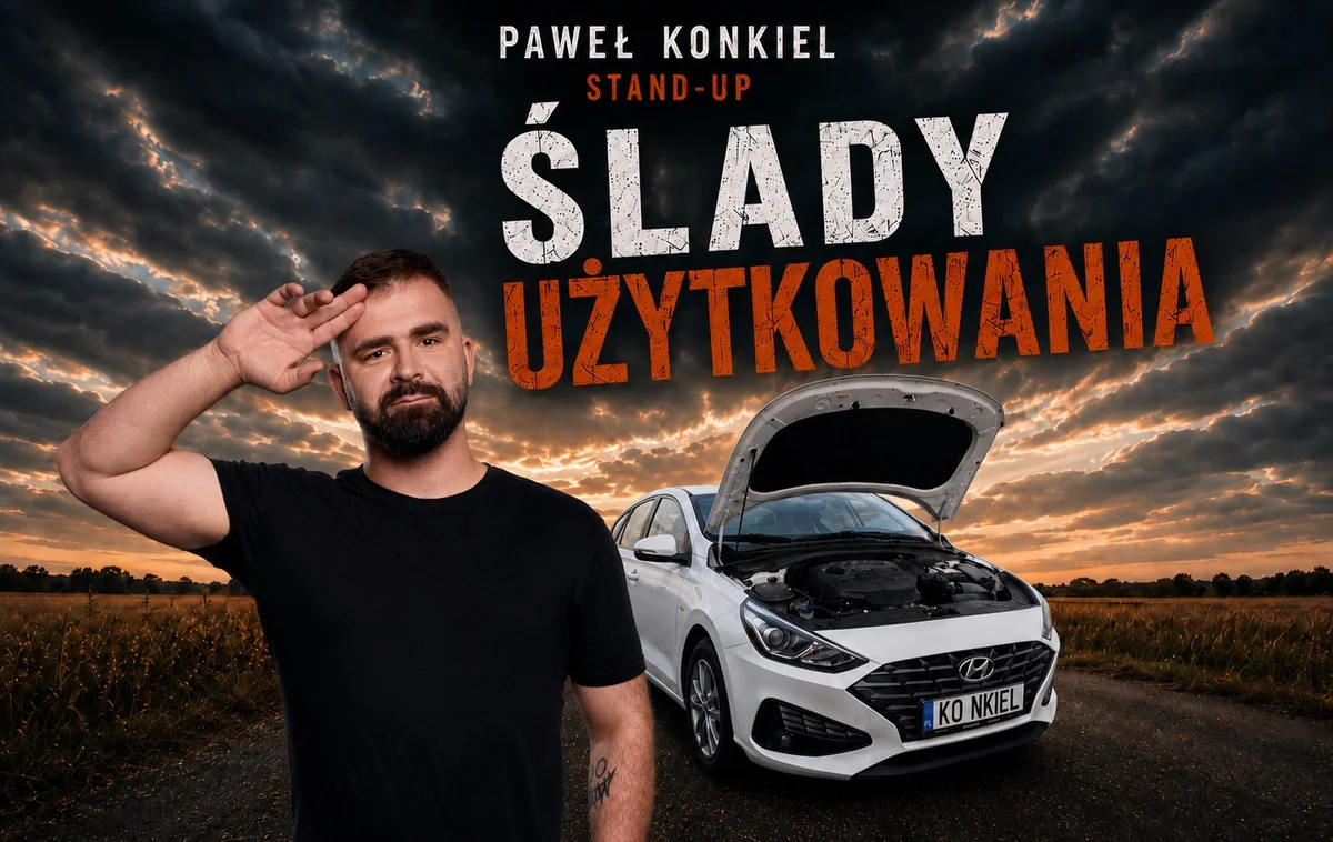 Grafika promocyjna wydarzenia Stand-up Katowice: Paweł Konkiel i „Ślady użytkowania”