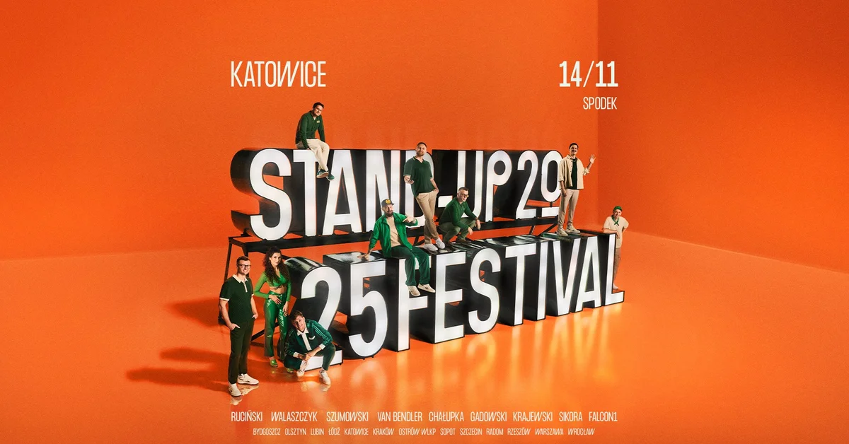 Grafika promocyjna wydarzenia Stand-up w Katowicach z udziałem czołowych polskich komików