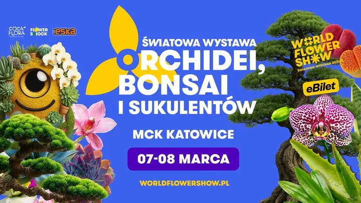 Grafika promocyjna wydarzenia Światowa Wystawa Orchidei, Bonsai i Sukulentów w MCK Katowice