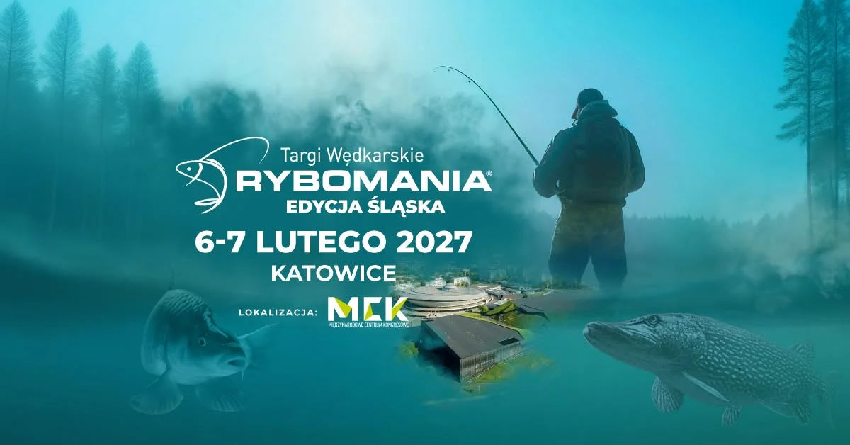 Grafika promocyjna wydarzenia Rybomania Katowice 2027 – targi wędkarskie