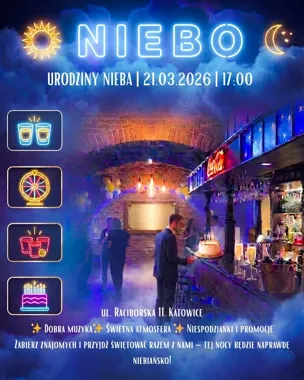 Grafika promocyjna wydarzenia Urodziny Pub Niebo w Katowicach — impreza 21 marca 2026