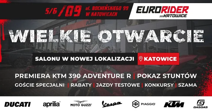 Obrazek przedstawia grafikę promocyjną wydarzenia Otwarcie nowego salonu motocyklowego EURORIDER w Katowicach