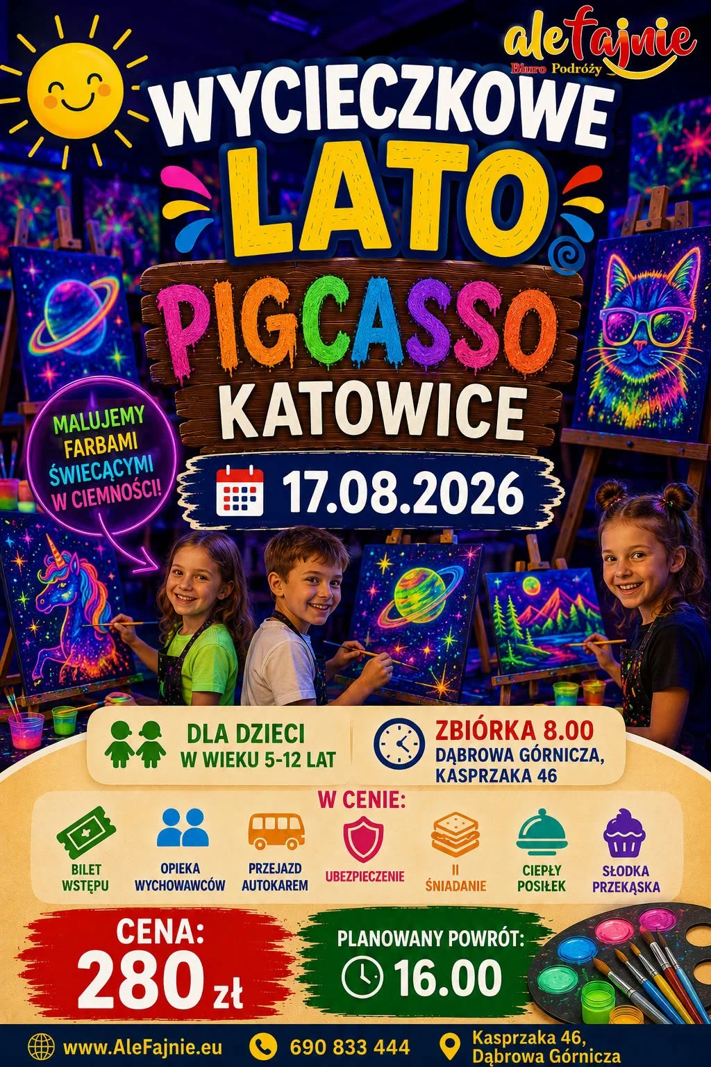 Grafika promocyjna wydarzenia Wycieczkowe Lato Pigcasso Katowice – wycieczka
