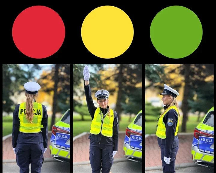 Policjant przed cmentarzem kieruje ruchem - jego gesty są ważniejsze niż światła