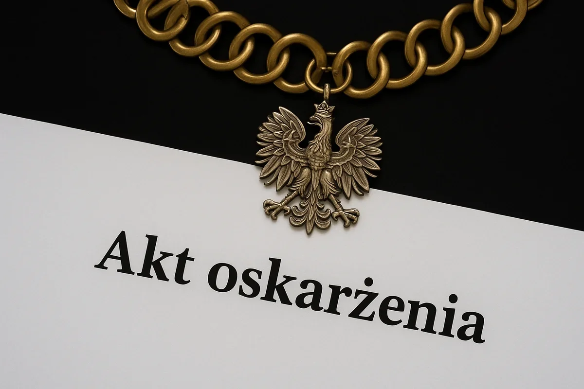 Fragment łańcucha z orłem w koronie leży na białym dokumencie z napisem „Akt oskarżenia” na czarnym tle.