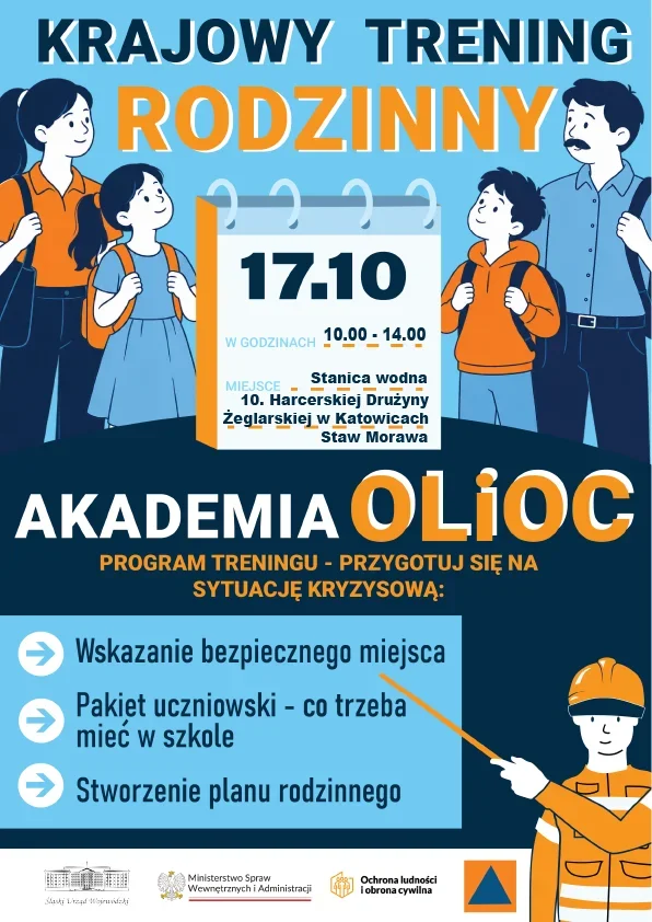 Plakat informacyjny zapraszający rodziny na krajowy trening przygotowujący do sytuacji kryzysowej, organizowany 17 października w Katowicach przez Akademię OLiO