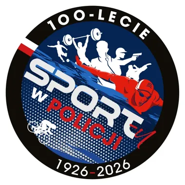Okolicznościowe logo w kształcie koła upamiętniające 100-lecie sportu w polskiej policji, z sylwetkami sportowców i datami 1926-2026.