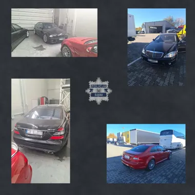 Cztery zdjęcia samochodów, w tym czarny Mercedes-Benz S 65 AMG i czerwony Mercedes-Benz CLK, z logo Policji Śląskiej na środku kompozycji.
