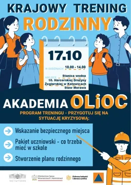 Plakat informacyjny zapraszający rodziny na krajowy trening przygotowujący do sytuacji kryzysowej, organizowany 17 października w Katowicach przez Akademię OLiO