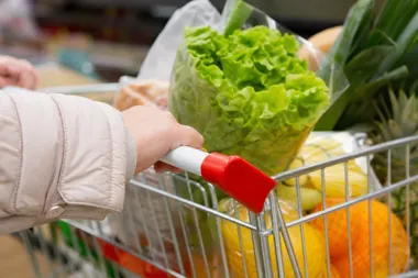 Dłoń w beżowej kurtce trzyma rączkę wózka sklepowego wypełnionego warzywami i owocami w supermarkecie.